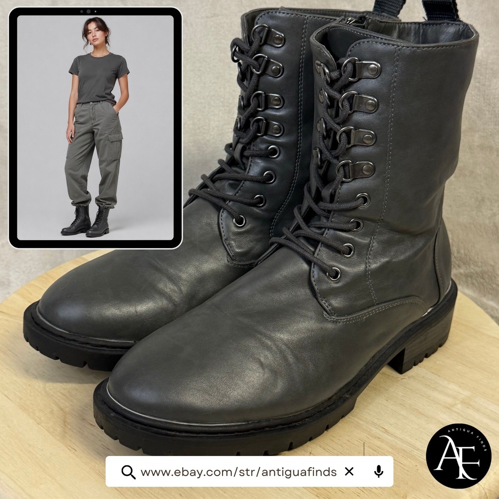 Torrid Grey Combat Boots Metal Heel Cap Lace Up Side Zip Lug Sole Womens 10 Wide